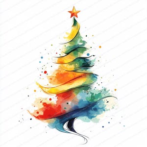 Peut inclure: Illustration d'un sapin de No&euml;l color&eacute; &agrave; l'aquarelle. L'arbre est compos&eacute; de rubans superpos&eacute;s verts, jaunes, oranges, rouges et bleus, surmont&eacute;s d'une &eacute;toile dor&eacute;e. Des &eacute;claboussures ajoutent au style artistique. Une image de vacances festive.