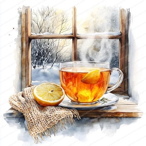 May include: Watercolor painting of a cup of tea with a lemon slice, set on a saucer, next to a knitted scarf. The cup sits on a wooden windowsill with a snowy winter scene visible through the window.