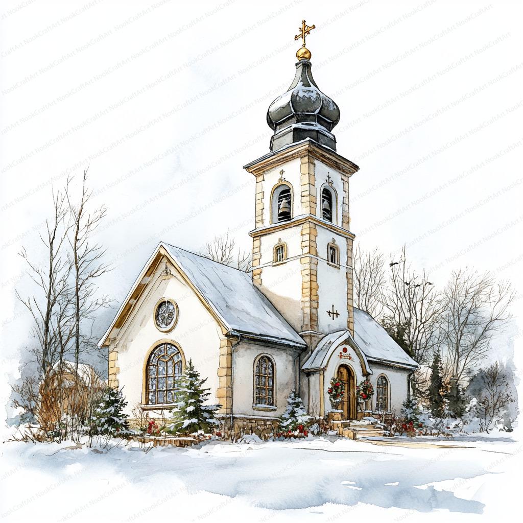 20 クリスマス教会クリップアート | 冬の教会のイラスト | 印刷可能な