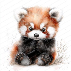 K&ouml;nnte beinhalten: Ein Aquarellbild eines Roten Pandas, der auf einem wei&szlig;en Hintergrund sitzt. Der Rote Panda hat ein flauschiges rot-wei&szlig;es Fell, schwarze Beine und ein s&uuml;&szlig;es Gesicht. Der Rote Panda schaut den Betrachter mit gro&szlig;en braunen Augen an.