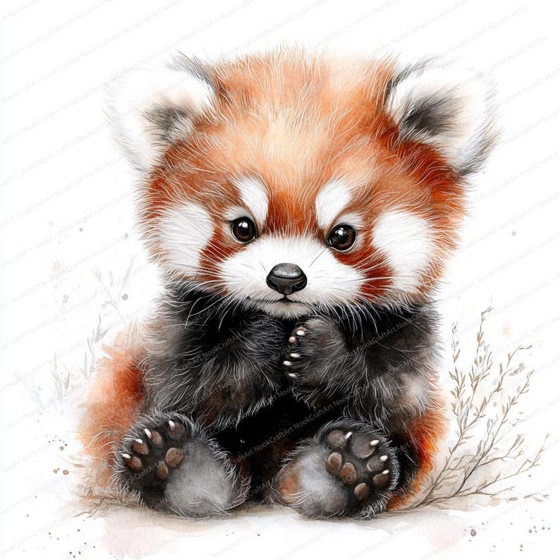 K&ouml;nnte beinhalten: Ein Aquarellbild eines Roten Pandas, der auf einem wei&szlig;en Hintergrund sitzt. Der Rote Panda hat ein flauschiges rot-wei&szlig;es Fell, schwarze Beine und ein s&uuml;&szlig;es Gesicht. Der Rote Panda schaut den Betrachter mit gro&szlig;en braunen Augen an.
