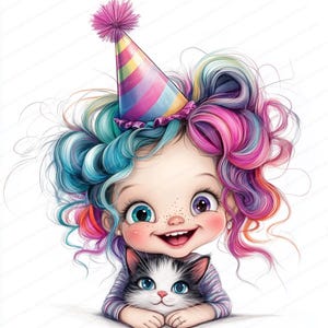 May include: A cartoon girl with blue, pink, and purple hair wearing a rainbow party hat and a striped shirt. She is holding a black and white cat with blue eyes.