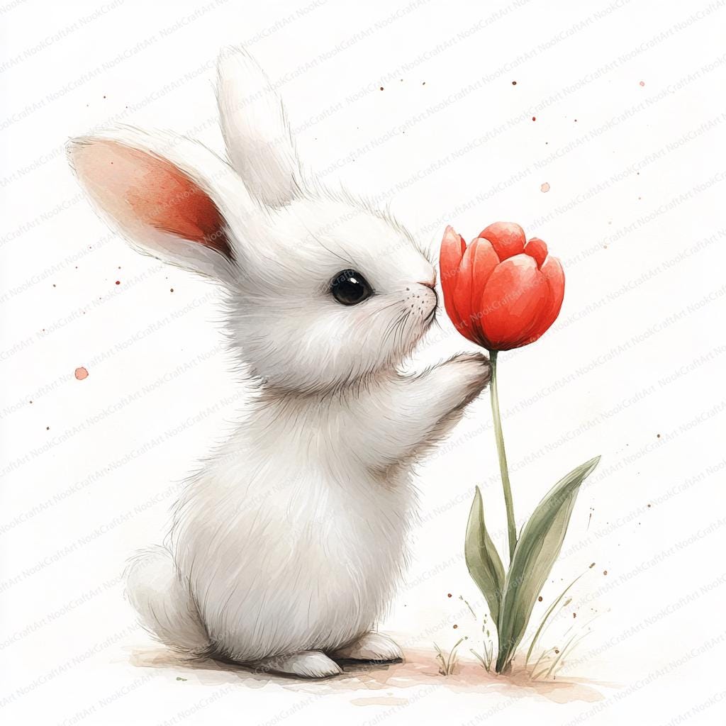 17 Rabbit Sniffing Tulip Clipart | Cute Spring Floral Illustration ...