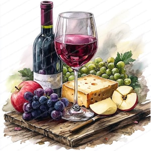 21 Wein und Käse Clipart | Elegante fruchtige Holzfassung | Druckbare Aquarell Clipart | Hochwertige JPGs | Papiermodell | Junk Journal