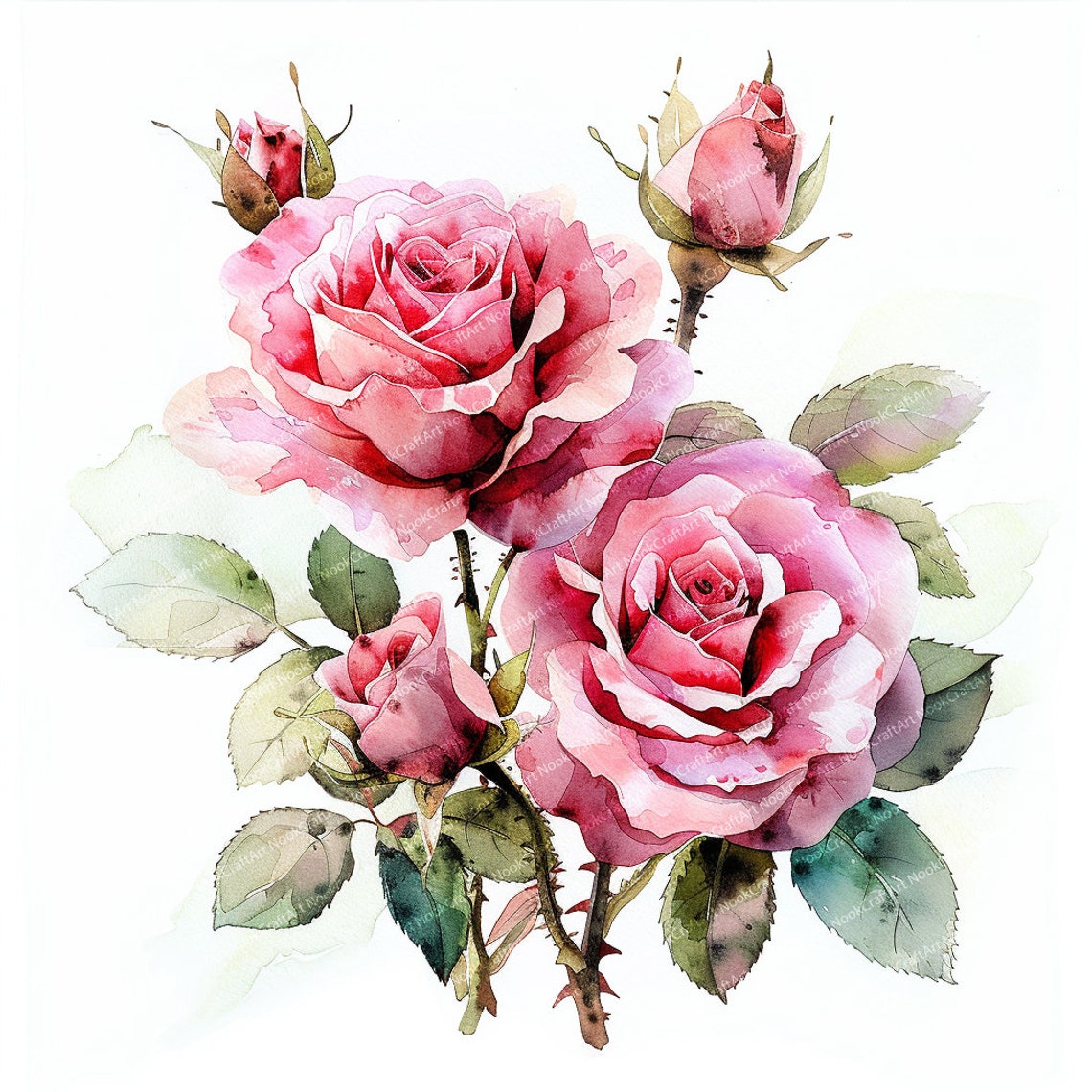 13 Pink Roses Set | Roses Bouquet | Printable Watercolor Clipart ...