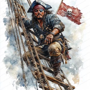 19 Clipart di pirati che si arrampicano sull'albero / Illustrazione di avventure nautiche / Clipart acquerello stampabile / JPG di alta qualità / Carta artigianale / diario