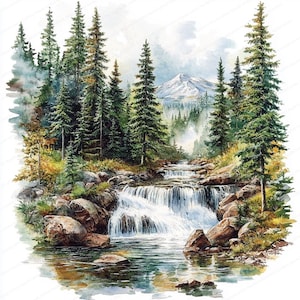 20 Wald Wasserfall Clipart | Druckbare Aquarell Clipart | Hochwertige JPGs | Digitaler Download | Papiermodell | Junk Journal