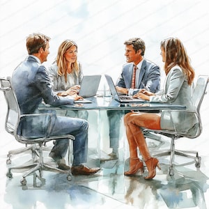 May include: Watercolor illustration of a business meeting. Four people in suits are seated around a glass table, each with a laptop. The scene is brightly lit, with a focus on the interaction and collaboration.
