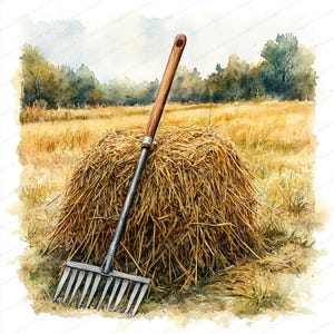 Könnte beinhalten: Aquarellmalerei eines Heuballens und einer Harke. Der Heuballen hat eine große, abgerundete Form aus goldbraunem Heu. Die Harke hat einen langen Holzstiel und einen Metallkopf mit Zinken. Der Hintergrund zeigt ein Feld und Bäume.