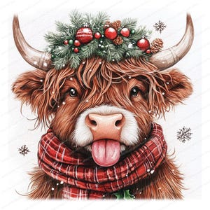 15 枚の面白いクリスマス ハイランド牛のクリップアート | 農場の動物の水彩画デザイン | 高品質の JPG | 印刷可能なペーパークラフトとジャンク ジャーナル
