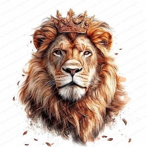 18 León con corona real Clipart / Majestuoso rey de la jungla / Clipart de acuarela imprimible / JPG de alta calidad / Manualidades de papel / Diario