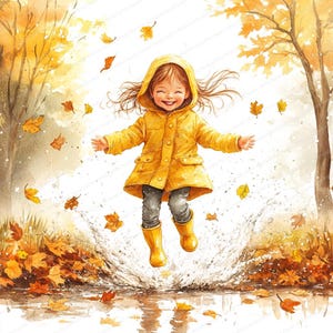 Puede incluir: Ilustración en acuarela de un niño con impermeable y botas amarillas saltando en un charco. La escena otoñal presenta hojas cayendo y una cálida paleta de colores amarillos, naranjas y marrones. El niño sonríe y parece disfrutar el momento.