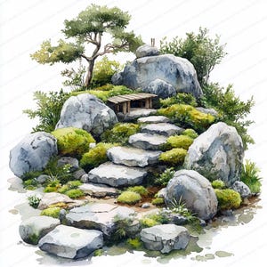May include: Watercolor illustration of a Japanese garden scene. Features a stone pathway leading up to a small wooden bench, surrounded by large gray rocks, green moss, and small trees. The artwork has a soft, natural color palette.