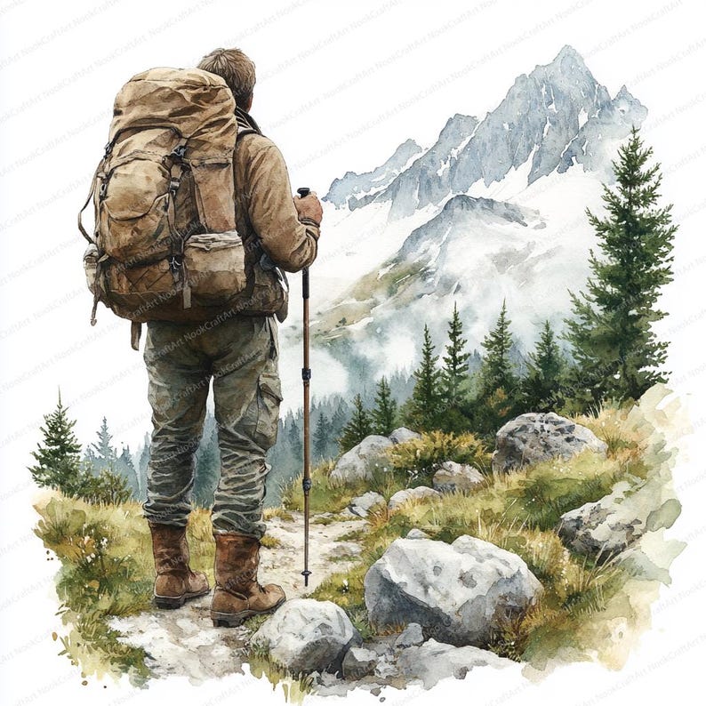 May include: Watercolor painting of a hiker with a large backpack and hiking pole, facing a mountain range. The hiker wears brown boots, khaki pants, and a brown jacket. The background features a forest and rocky terrain.
