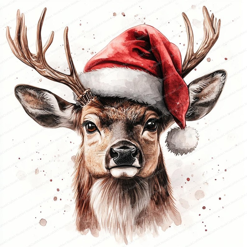 20 Deer With Santa Hat Clipart | Reindeer and Fawn | Watercolor Designs ...