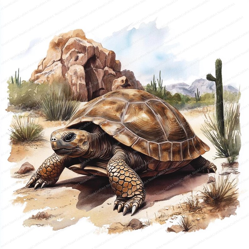 May include: A brown tortoise with a textured shell walks on a sandy desert landscape. The tortoise is in the foreground of the image, with a rocky outcropping and a cactus in the background.