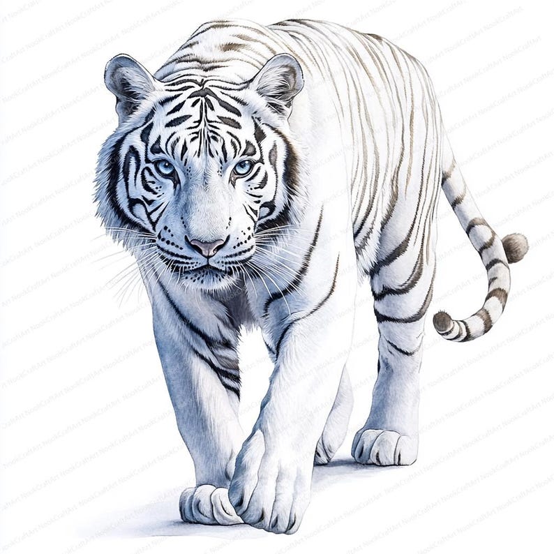 May include: A detailed illustration of a white tiger with black stripes, walking towards the viewer. The tiger has striking blue eyes and is set against a white background. The artwork captures the tiger's fur texture and muscular build.
