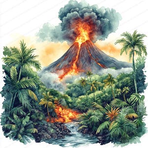 May include: A watercolour painting depicting a volcanic eruption in a tropical rainforest. The volcano is spewing orange lava and dark smoke. Lush green palm trees and foliage surround the volcano, with a river in the foreground.