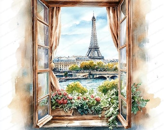 16 Window With Autumn View of Paris Clipart | Parisian Scene Clipart | Printable Watercolor Clipart | High Quality JPGs | Paper Craft