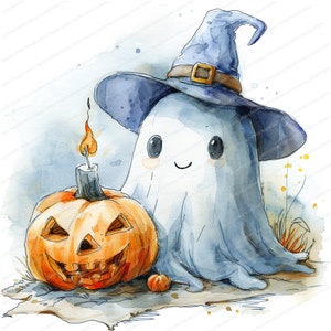Peut inclure: Illustration &agrave; l'aquarelle d'un fant&ocirc;me amical portant un chapeau de sorci&egrave;re bleu avec une boucle dor&eacute;e, &agrave; c&ocirc;t&eacute; d'une citrouille orange sculpt&eacute;e avec une bougie allum&eacute;e. Une petite citrouille orange est &agrave; proximit&eacute;. Th&egrave;me d'Halloween.