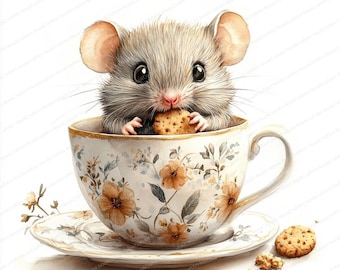 23 Vintage Teetasse Maus Clipart | Wunderliche Nager Illustration | Druckbare Aquarell Clipart | Hochwertige JPGs | Papierhandwerk