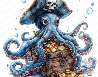 18 海賊タコ クリップアート 宝箱 | 海洋動物アート | 印刷可能な