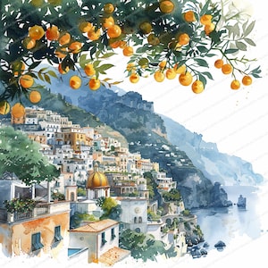 16 Clipart della costa italiana / Costa degli agrumi di Amalfi / Clipart acquerello stampabile / JPG di alta qualità / Download digitale / Mestiere di carta