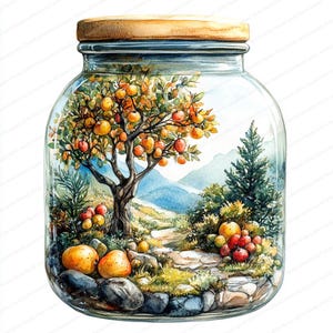 22 Obst Garten Clipart | Miniatur Obstgarten im Glas | Druckbare Aquarell Clipart | Hochwertige JPGs | Papiermodell | Junk Journal