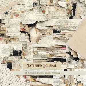 May include: A collage of vintage paper textures with torn edges, handwritten script, and floral accents. The image features the text "Tattered Journal" and details about the journal pages, including the size and DPI.