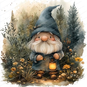 14 Clipart de nain des forêts avec lanterne | Illustration fantaisiste de personnage des bois | Clipart aquarelle imprimable | Fichiers JPG de haute qualité
