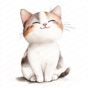 May include: A watercolor painting of a cute, white, orange, and gray cat with closed eyes and a big smile. The cat is sitting with its tail curled around its legs.