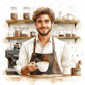 Könnte beinhalten: Aquarellillustration eines Baristas, der eine Tasse Kaffee mit Latte Art hält. Der Barista trägt ein weißes Hemd und eine braune Schürze. Regale hinter ihm halten Gläser mit Kaffeebohnen und Zubehör. Eine Kaffeemaschine ist sichtbar.