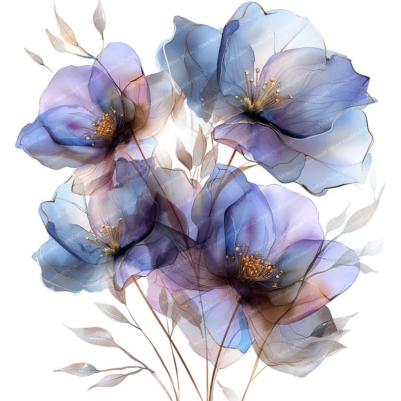13 Abstract Flowers Clipart Purple Flowers Printable Watercolor Clipart ...