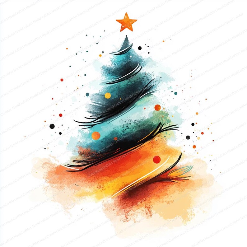 Peut inclure: Peinture &agrave; l'aquarelle d'un sapin de No&euml;l avec une &eacute;toile au sommet. L'arbre est repr&eacute;sent&eacute; dans des tons de bleu sarcelle, d'orange et de jaune, avec des contours noirs et des points color&eacute;s. L'&oelig;uvre a un style moderne et abstrait.