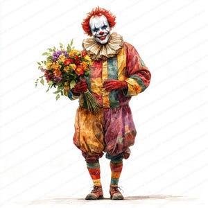 15 Clown Costume Clipart Cores Brilhantes | Ilustração de Personagem de Circo Vibrante | Clipart de Aquarela para Imprimir | JPGs de Alta Qualidade | diário
