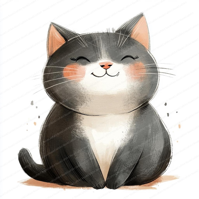 May include: A cartoon illustration of a smiling, gray and white cat with closed eyes. The cat is sitting with its paws tucked under its body.