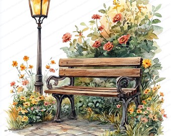 20 春の公園のランタンベンチのクリップアート | 穏やかな夜のイラスト