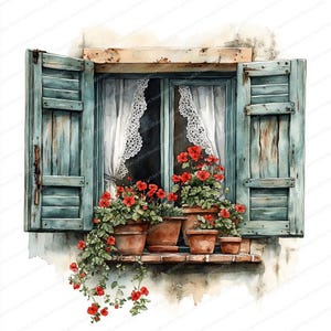 May include: Watercolor painting of a window with open, weathered blue shutters. White lace curtains frame the view, and terracotta pots filled with red geraniums sit on a brick ledge. The image evokes a rustic, European aesthetic.