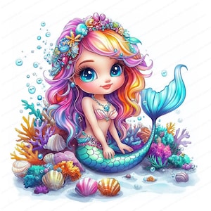 May include: A colorful mermaid with long pink, yellow, and blue hair, wearing a seashell crown and a pearl necklace, sits on a bed of coral and seashells. Her tail is turquoise and blue.