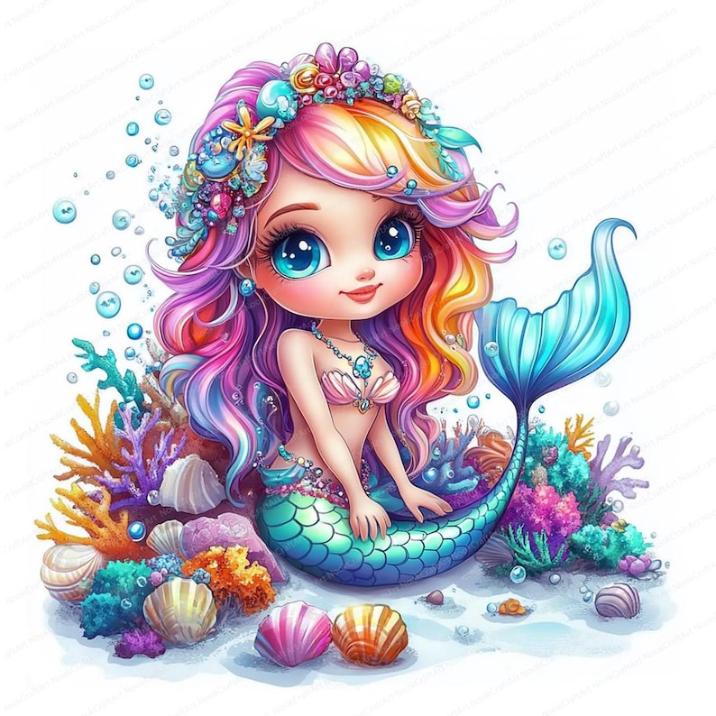 May include: A colorful mermaid with long pink, yellow, and blue hair, wearing a seashell crown and a pearl necklace, sits on a bed of coral and seashells. Her tail is turquoise and blue.