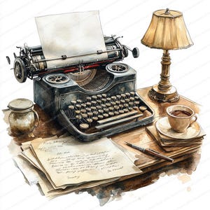 May include: Watercolor illustration of a vintage typewriter with a blank sheet of paper, a desk lamp, a cup of coffee, and handwritten letters. The scene evokes a sense of nostalgia and creativity, perfect for writers and vintage enthusiasts.