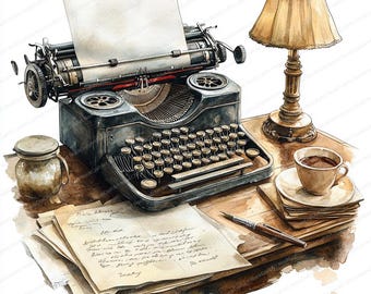 24 Typewriter and Inkwell Clipart | Vintage Writing Theme Design | Printable Watercolor clipart | High Quality JPGs | Paper craft | journal