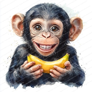 20 Affe mit Banane Clipart | Niedliche Dschungeltier Illustration | Druckbare Aquarell Clipart | Hochwertige JPGs | Papiermodell | Zeitschrift