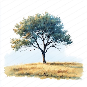 21 Clipart de champ d'arbre solitaire | Art nature solitaire | Clipart aquarelle imprimable | JPG de haute qualité | Créations artisanales en papier | Journal indésirable