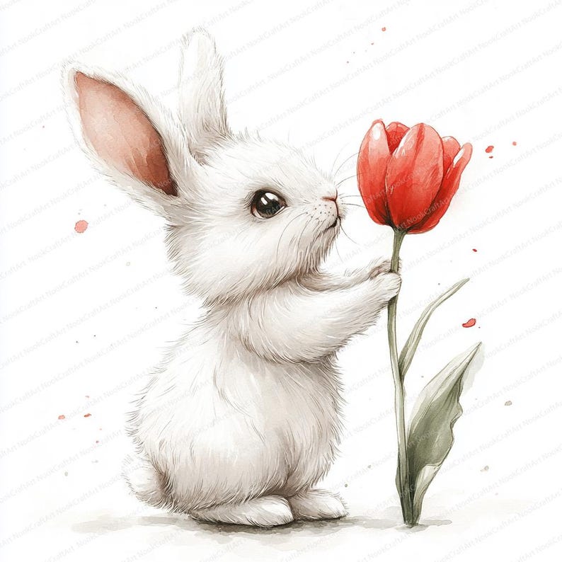 17 Rabbit Sniffing Tulip Clipart | Cute Spring Floral Illustration ...