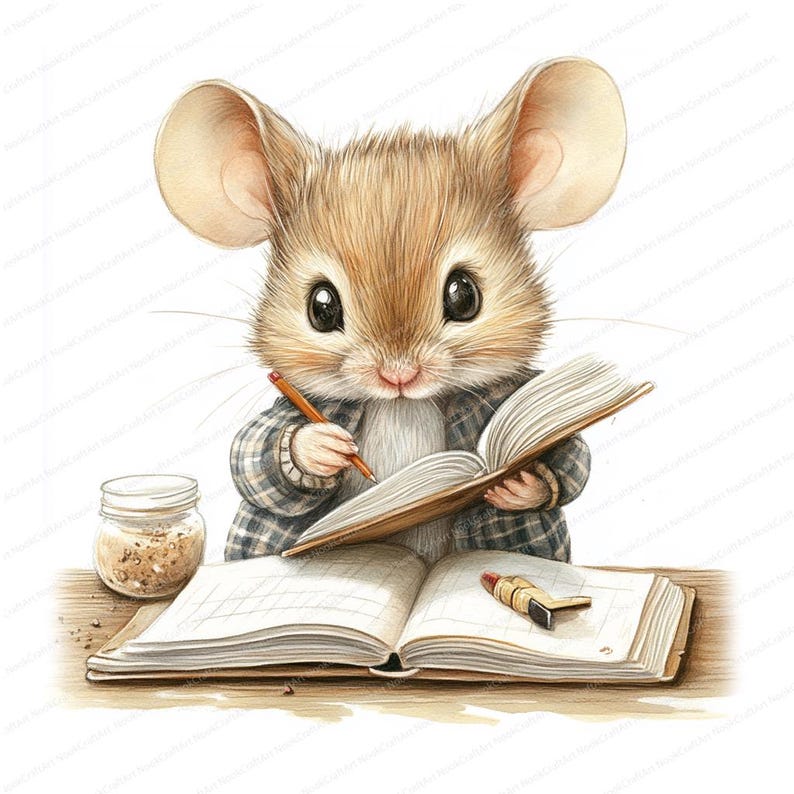 May include: A cute cartoon mouse wearing a plaid shirt is sitting at a desk with a book and pencil. The mouse is looking at the book and holding a pencil in its paw. There is a jar of something on the desk next to the book.