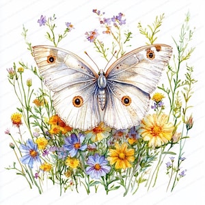 16 Silver Butterflies in Flowers Clipart | Wildflowers Clipart | Printable Watercolor Clipart | High Quality JPGs | Paper Craft | Journal