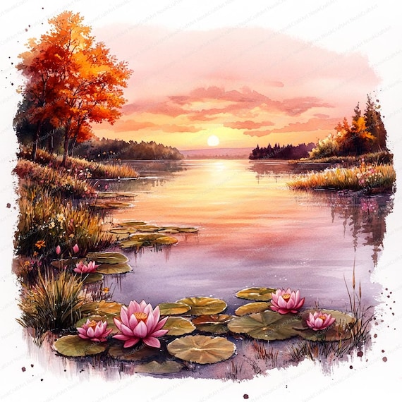 14 湖に沈む夕日のクリップアート | 穏やかな湖の夕日 | 印刷可能な