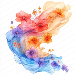 22 風に吹かれるスカーフのクリップアート | 花のそよ風のイラストセット | 印刷可能な水彩画のクリップアート | 高品質の JPG | ペーパークラフト | ジャーナル