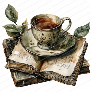14 Cliparts de Chá e Livro | Cliparts de Chá | Cliparts de Aquarela para Imprimir | JPGs de Alta Qualidade | Download Digital | Artesanato em Papel | Diários de Inúteis